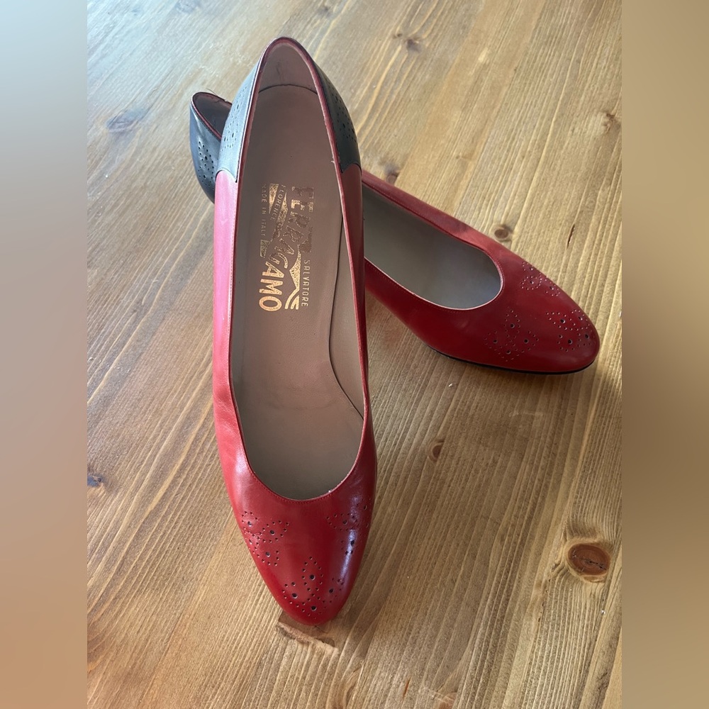 Salvatore Ferragamo Red and Black Kitten Heels